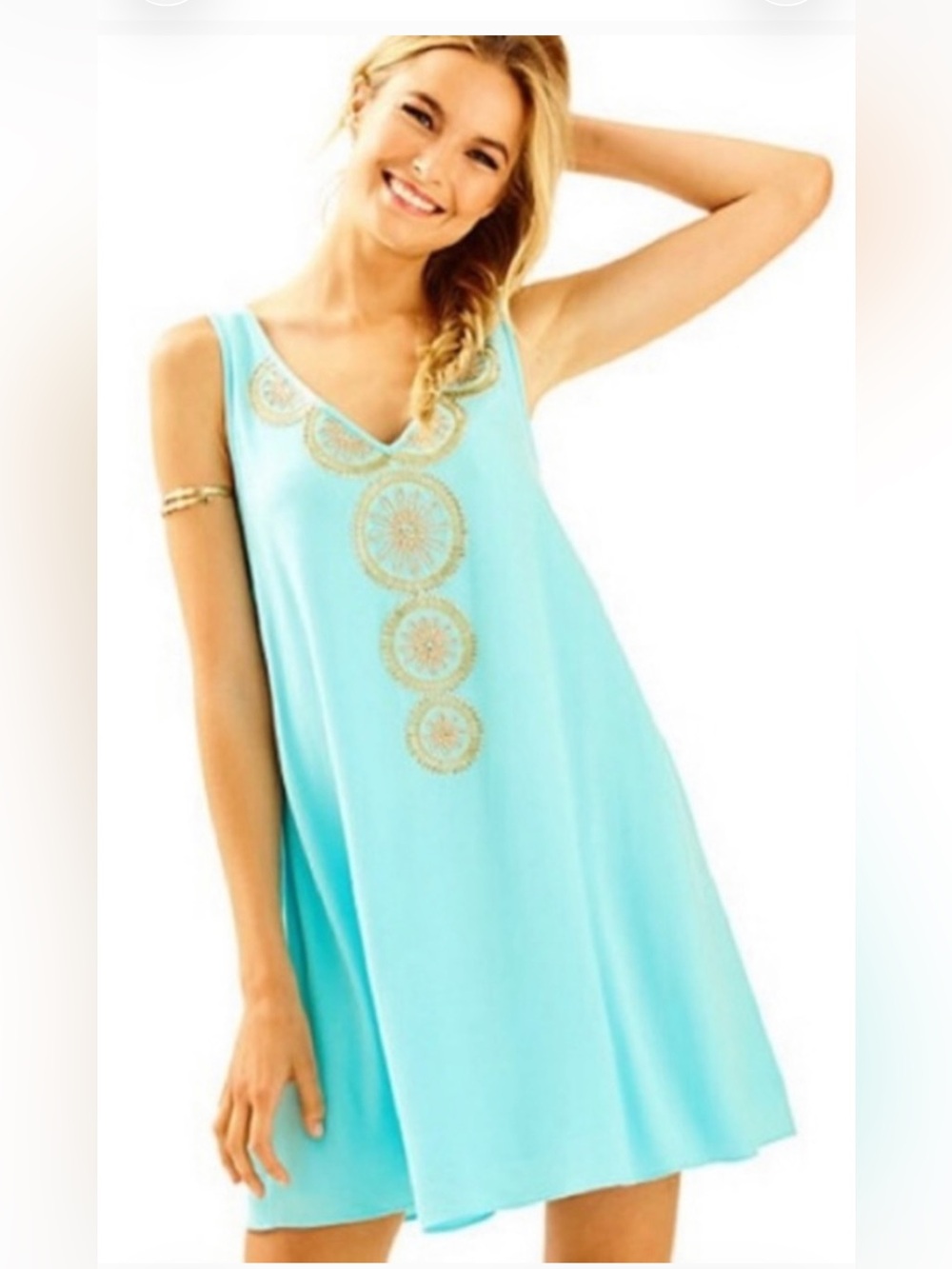 Lilly Pulitzer Aqua Sleeveless Dress with Gold Embroidery